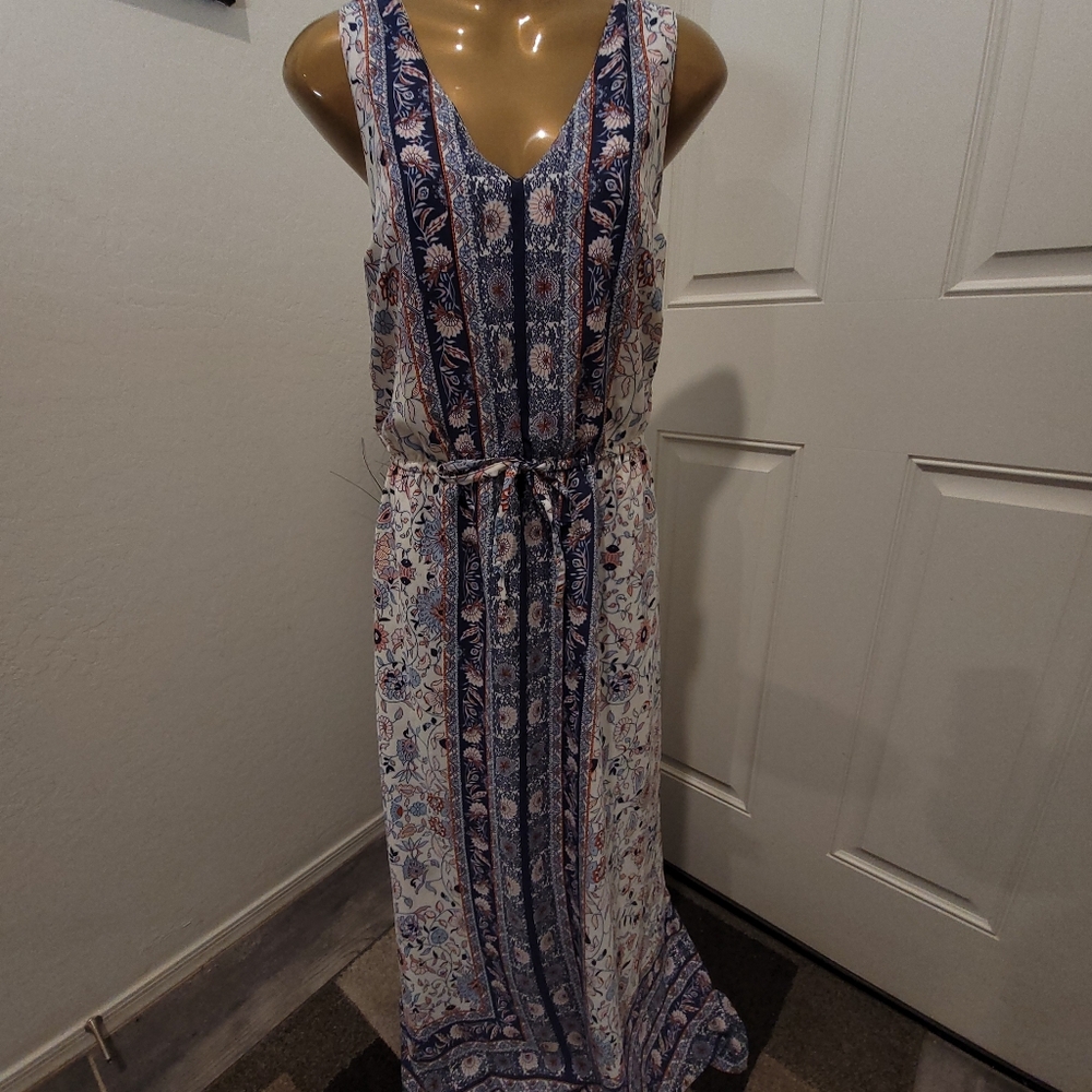 Tuchuzy Blue and White Floral Maxi Dress Long Pockets XL